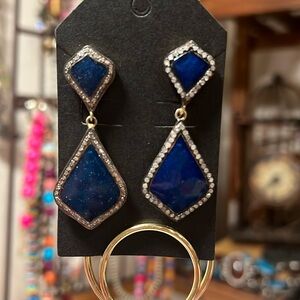 Blue Cloisonné and Pave diamond earrings, 18k gold plated over sterling silver